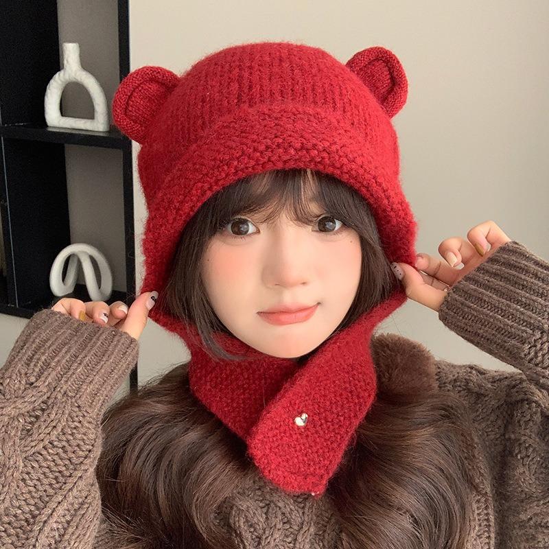 24 autumn and winter new wool hat funny cute bear ears plush pullover hat warm and cold knitted hat woman