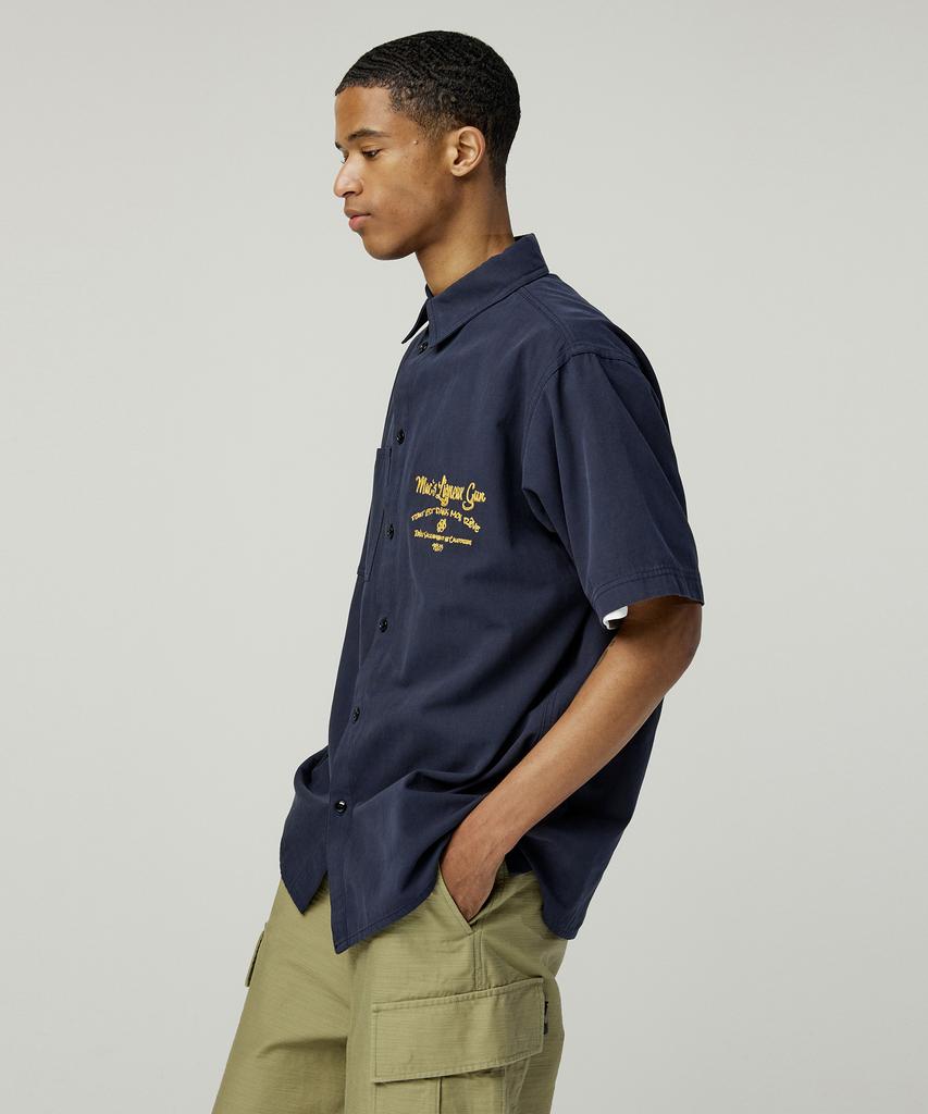 MAGOODGAN Labor 2905 Yellow Chain Embroidery Oversized Navy Short Sleeve Shirt