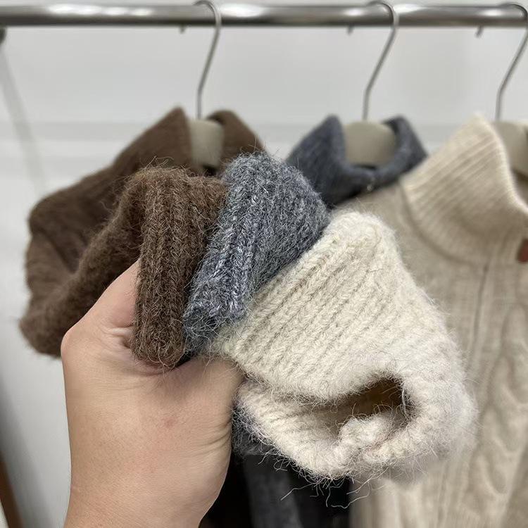Vintage twist double zipper sweater women's soft waxy plush thick needle knitted top women