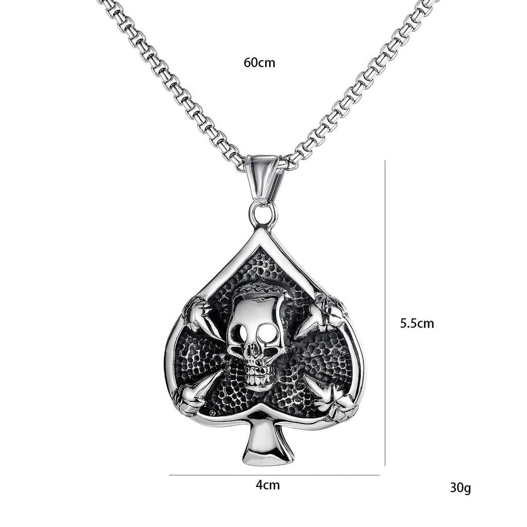 Titanium Steel Cast Poker Spades Men's Necklace Retro Hip-hop Titanium Steel Skull Pendant