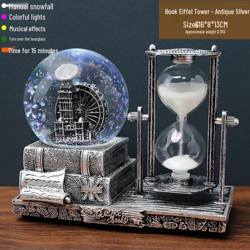 Creative Luminous Eiffel Tower Snow Globe Music Box - Retro Desktop Decoration