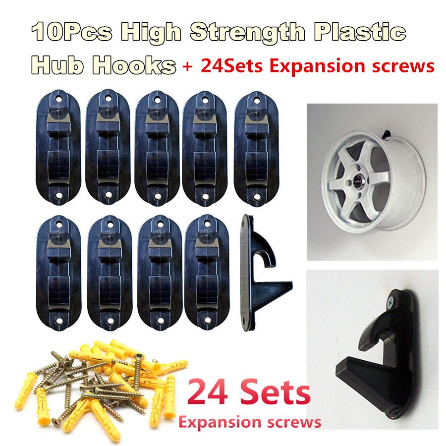 Universal 10pcs Plastic Tire Wheel RIM Hub Hook Wheel Shop Display Stand Rack Wall Mounted Hanging Hook With 24Sets Expansion screws
