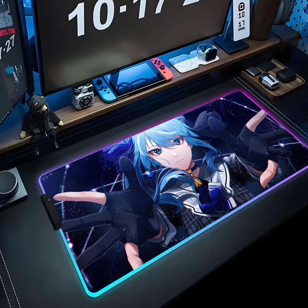 Suisei Hoshimachi Mouse Pad RGB Gaming Mousepad Big LED Pad PC Desk Mat Luminous Mouse Pad Large Keyboard Mats Table Rug With
