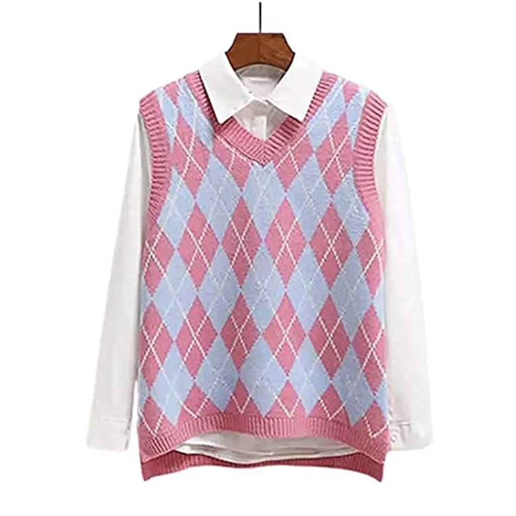 Women's Casual V-Neck Pullover Shirt Collision Color Sleeveless Sweater Vest