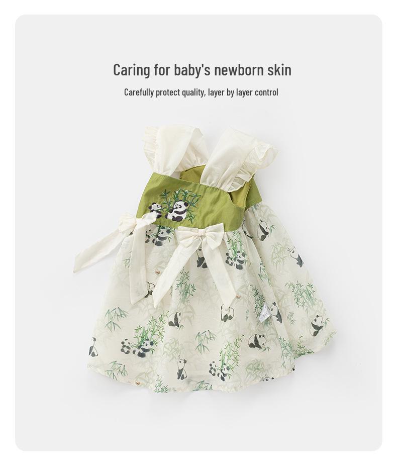 2025 Summer Baby Girls' Chinese Style Puff Sleeve Sling Dress with Frog Buttons - Princess Design for One-Year-Old