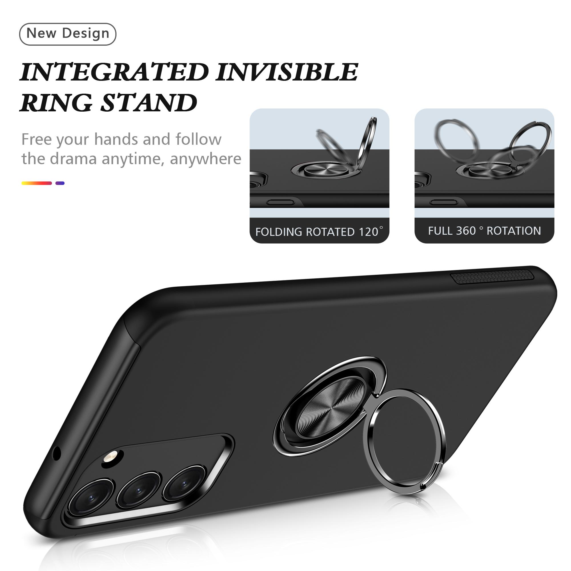 

for Samsung Galaxy S23+ Rotation Ring Kickstand Drop-proof Case Hard PC+Soft TPU Dual Layer Protection Phone Cover Black