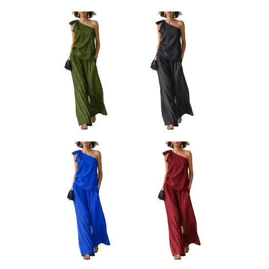 2-teilige Outfits für Damen Sommer One-Shoulder Ärmelloses Oberteil und Weitbeinige Hose Passendes Lounge-Set mit Taschen