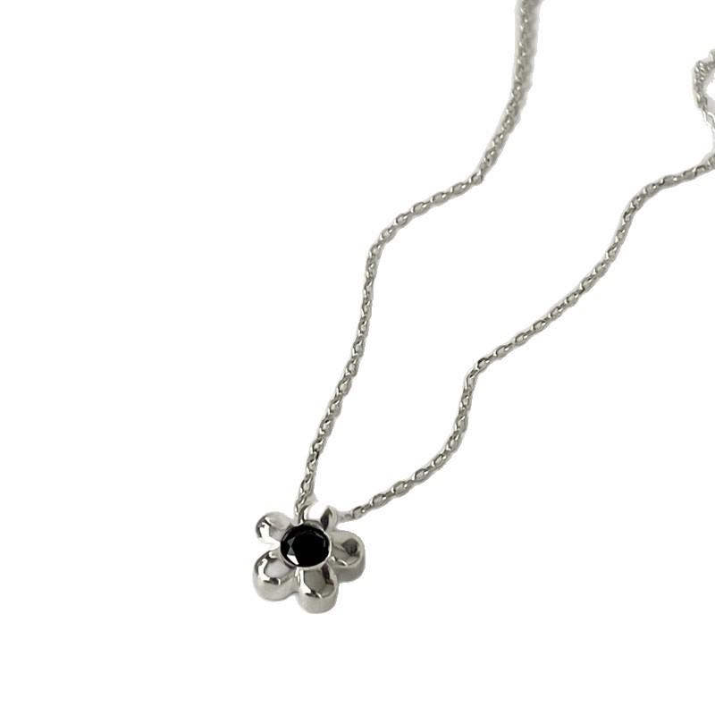 S925 Sterling Silver Flower Necklace with Black Zirconia - Elegant Korean Style Clavicle Chain