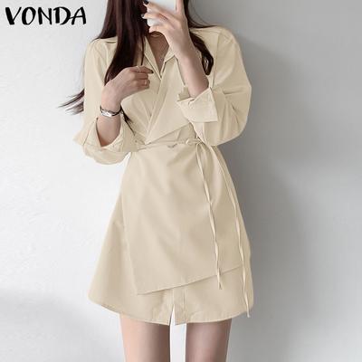 Women Casual Turn Down Collar Long Sleeve Front Cross Shirt Dress
