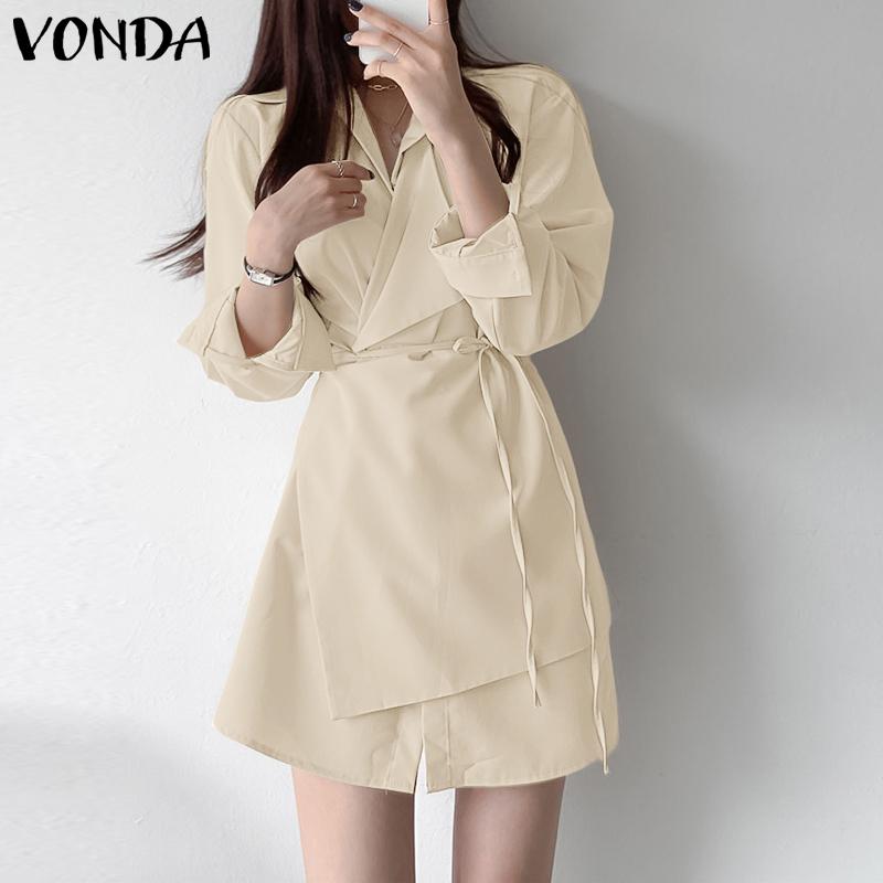 VONDA Women Casual Turn Down Collar Long Sleeve Front Cross Shirt Dress