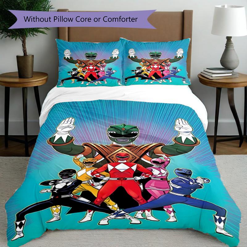 Parure de lit 3 pièces avec housse de couette (1*Housse de couette + 2*Taie d'oreiller, sans noyau),Ensemble de literie imprimé Mighty Morphin Power Rangers, Décor de chambre à coucher, Toutes saisons, Anniversaire