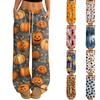 Women's Casual Loose Fit Wide Leg Pants with Halloween Print, Elastic Waist and Drawstring