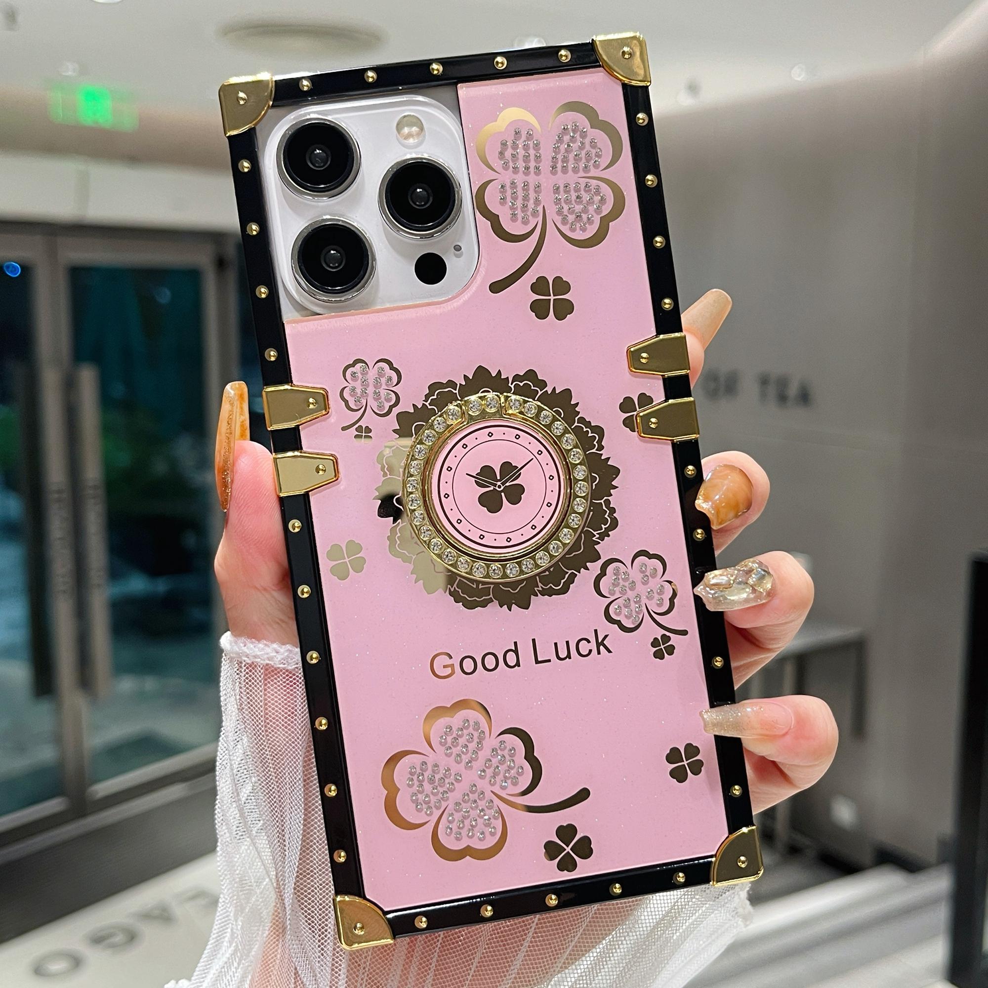 

Чехол для iPhone 16 Pro с подставкой, узор «Четырехлистный клевер», гальваническое покрытие, ТПУ+ПК, чехол для телефона Pink