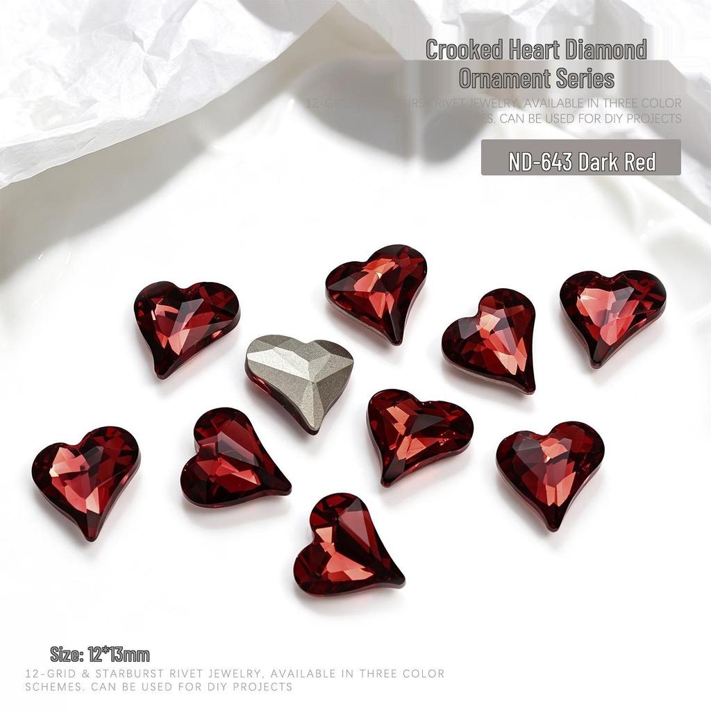 "10-Piece Heart-Shaped Nail Art Accessories with Pointed Bottom Transparent and Colorful Diamonds"