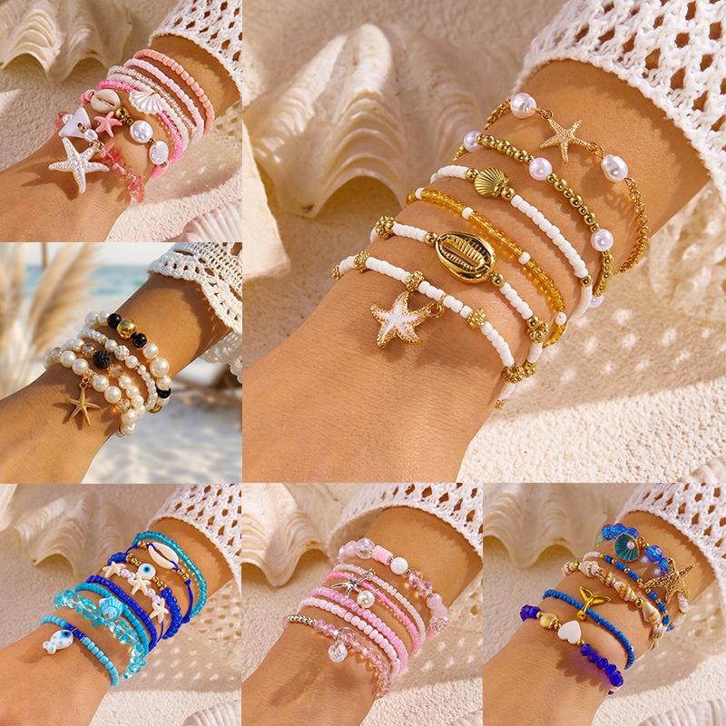 1 Set Summer Ocean Blue Beads Strand Hand Chain Bohemia Starfish Shell Beaded Bracelets For Women Jewelry Beach Vacation Gift