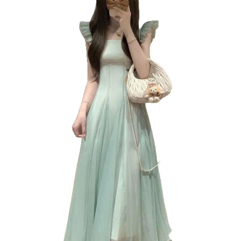 French Long Dress Women's Summer New Seaside Vacation Gentle Wind Temperament Beautiful Waist a Word Small Flying Sleeve Dress