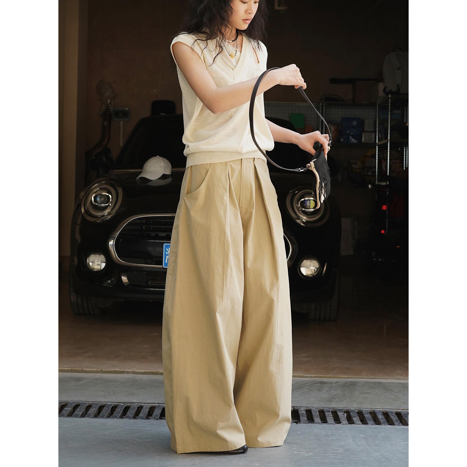 

Johnature Spring Summer Korean Fashionable Three-dimensional Pleated Casual Pants Loose Wide-leg Long Pants For Women S хаки