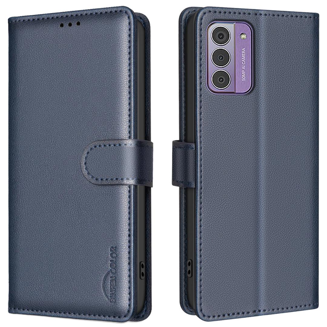 

BINFEN COLOR BF32 For Nokia G42/G310 Shockproof Phone Case Leather Stand Shell RFID Blocking Phone Cover Blue