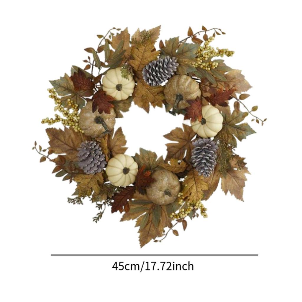 17.72inch Fall Wreath for Front Door Round with White Pumpkin for Holiday Indoor and Outdoor Living Room Housewarming Festival