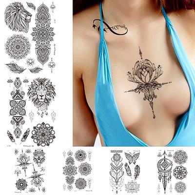 Mandala Blume Temporäre Tattoo Aufkleber Schlüsselbein Hand Zurück Körper Retro Schwarz Einweg Gefälschte Tattoos Wasserdicht Für Sexy Frauen