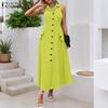 ZANZEA Women Summer Turn Down Collar Casual Sleeveless Long Dress