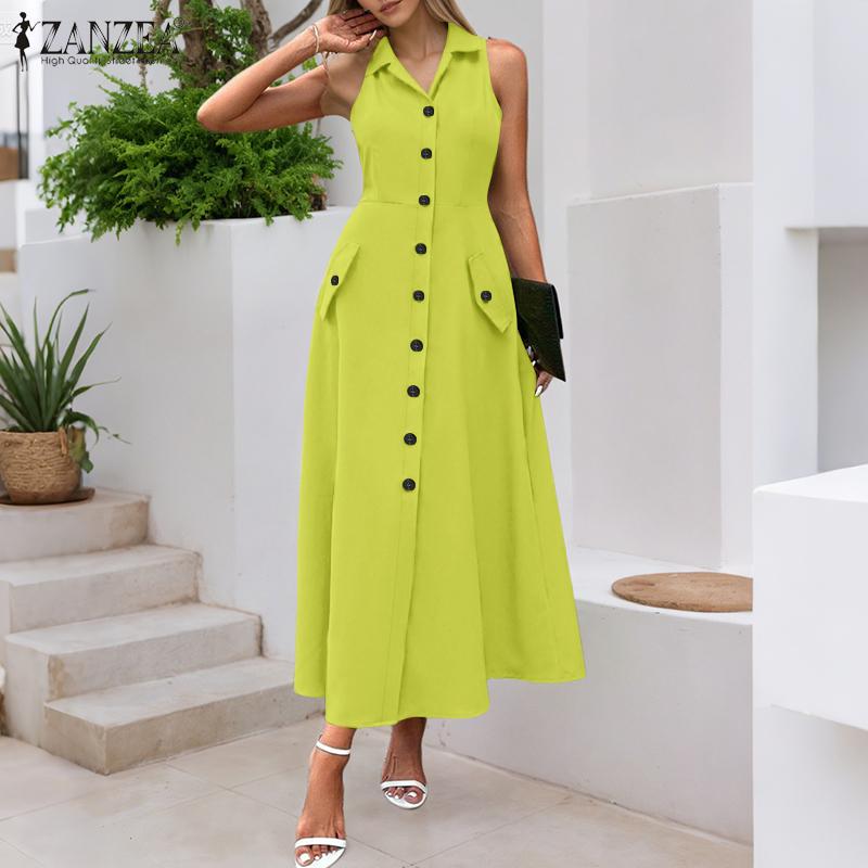 ZANZEA Women Summer Turn Down Collar Casual Sleeveless Long Dress