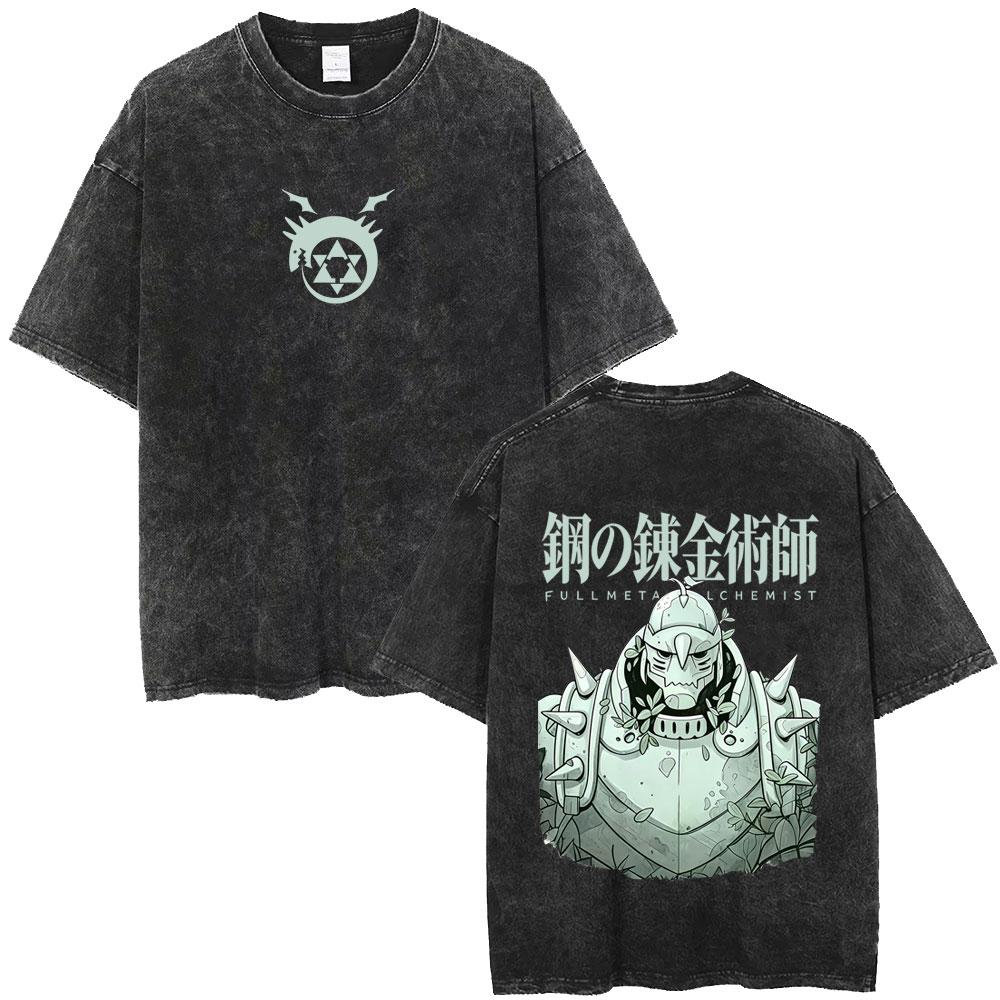 Washed Vintage Anime Fullmetal Alchemist Alphonse Elric Edward Elric T-shirt Clothing Manga Oversized Crewneck T Shirt Unisex