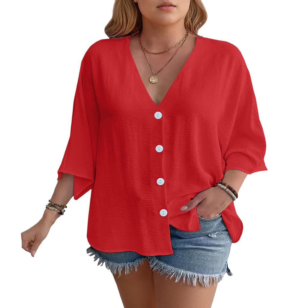 Women's Casual V Neck Button Shirt Classic Short Sleeve Shirt Tops Fashion Loose Solid Color