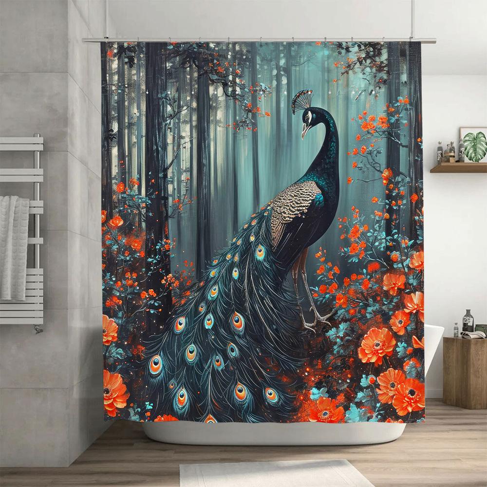 Forest peacock pattern waterproof and mildew-proof shower curtain family bathroom partition curtain mysterious art style