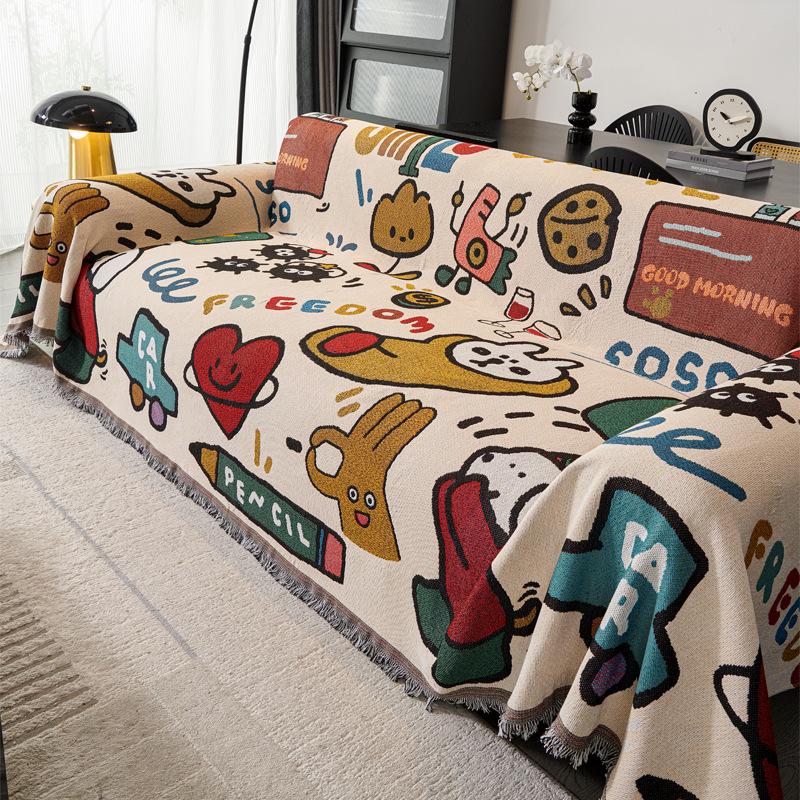 Cartoon Sofa Cover Reversible Stretchable Non-Slip Slipcover for L-Shaped 2 3 4 Seater Couch