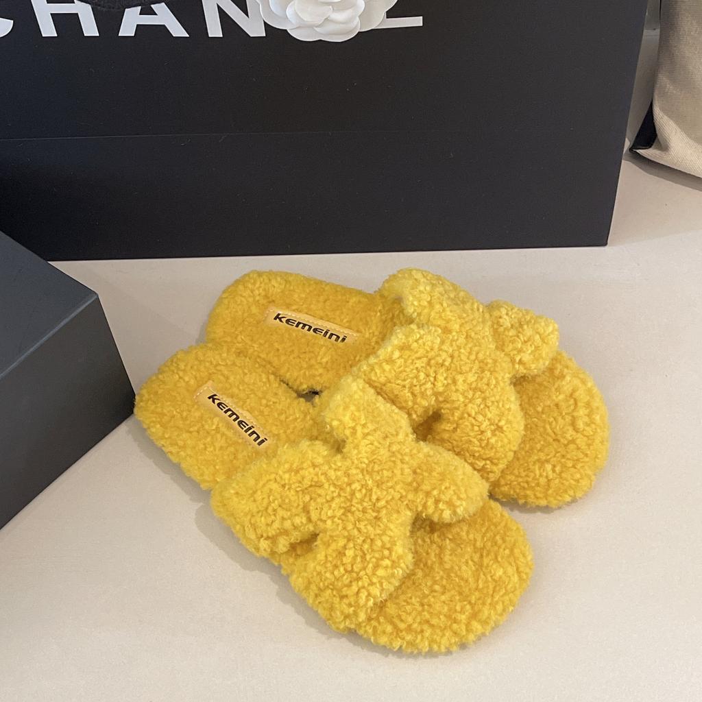 Flat-bottomed fluffy slippers for women's outer wear 2025 new autumn and winter thick-bottomed indoor home soft-bottomed fluffy cotton slippers