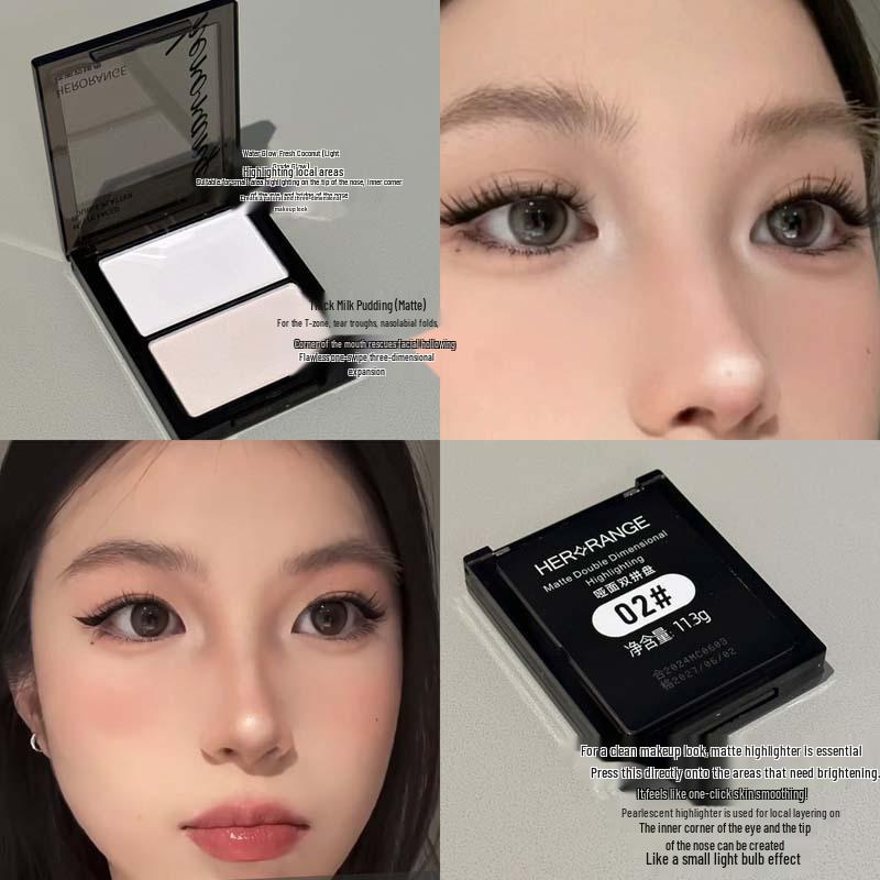 HERORANGE Matte Duo Palette: Wet/Dry Setting Powder, Highlighter, Contour & Blush for Brightening Makeup