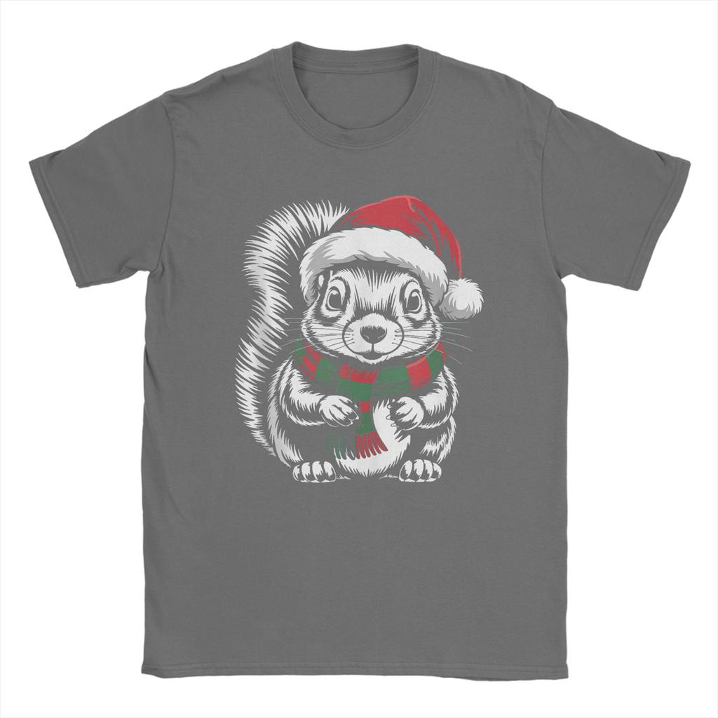 Leisure Squirrel Xmas Santa Hat Scarf Christmas T-Shirts for Men Crew Neck 100 Cotton T Shirts  Short Sleeve Tees Plus Size Tops