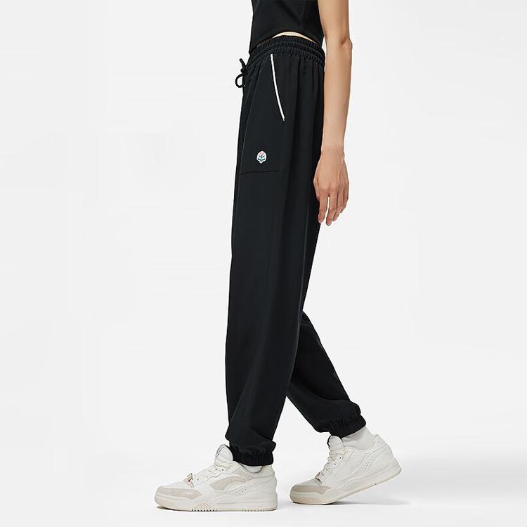 Li-Ning Pure Color Mid-Waist Drawstring Knit Sports Pants Women Bottoms Black AYKT434-3