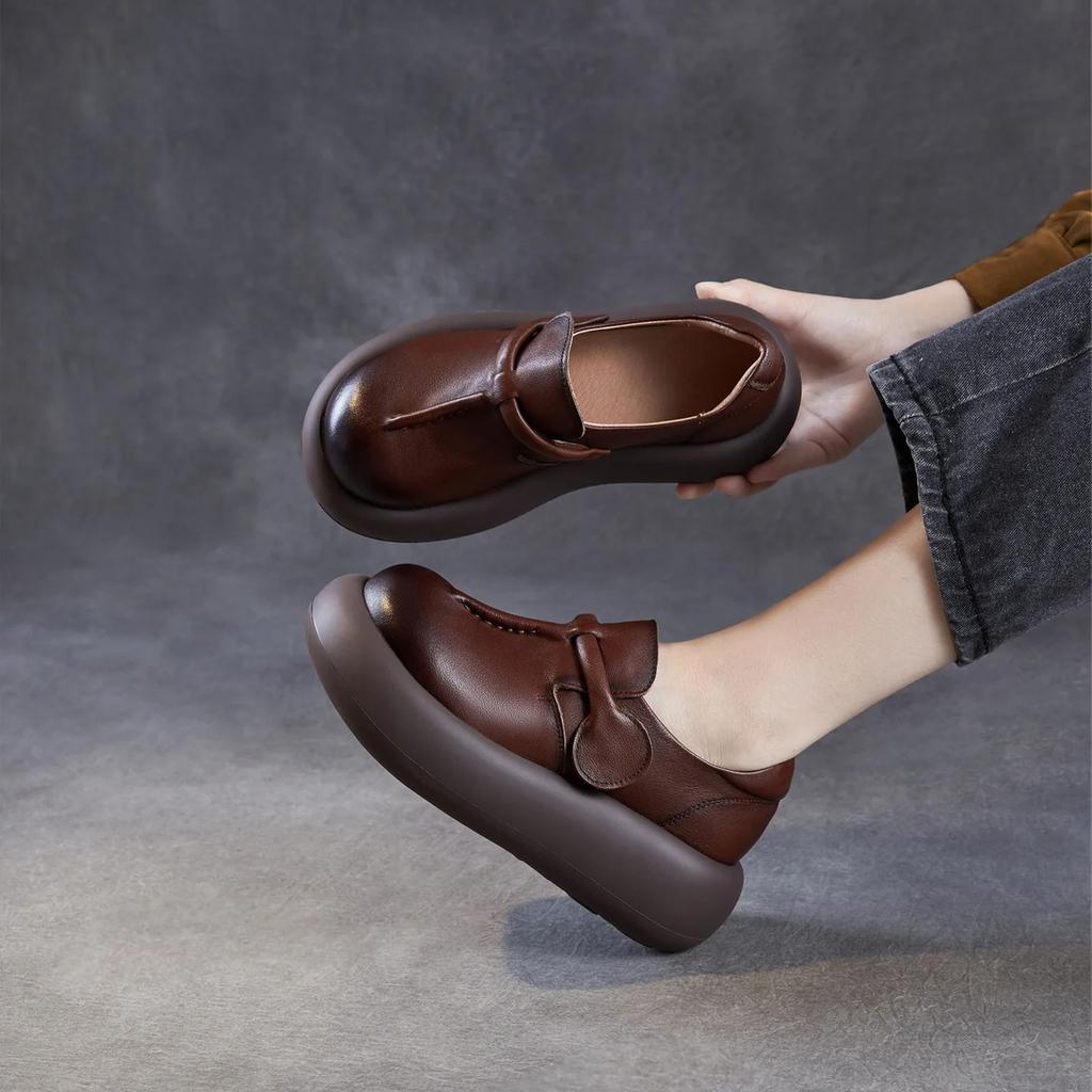 Johnature Genuine Leather Thick Soled Women's Shoes Round Toe Lightweight Retro Flat Platform Shoes