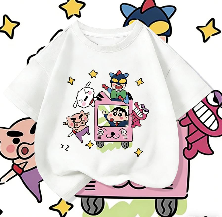 2026 Summer Comic Form Crayon Shinchan Image 100 Cotton Printed Oversize Casual Tshirt Adult Children Parentchild Top Y2k
