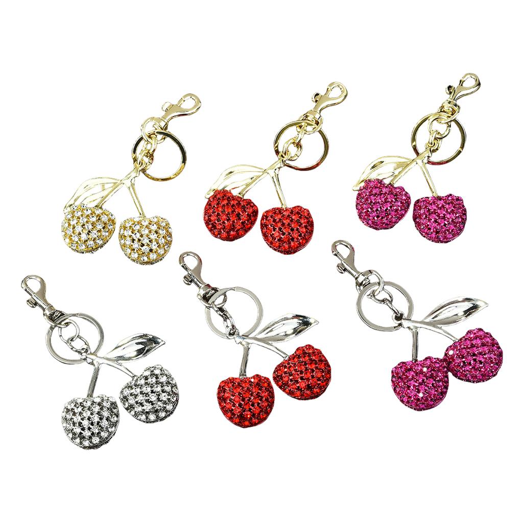 Sparkling 3D Cherry Keychain Charm Bag Accessory Fashionable Rhinestones Fruit Shaped Key Ring Ornament for Women