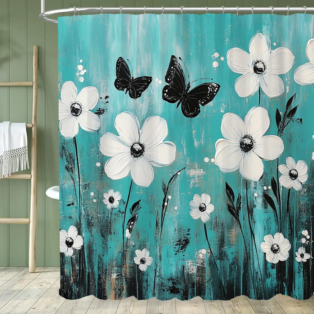 Beautiful And Elegant Blue Flowers Shower Curtain Partition Hanging Curtain With Hooks Washable Home Decoration Curtain