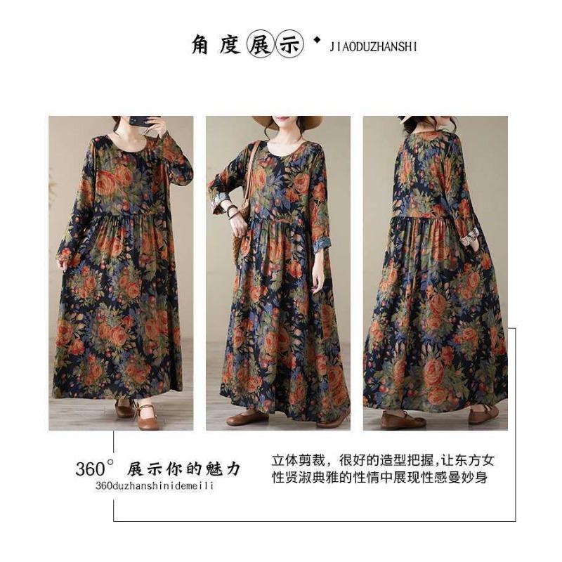 Printed Round Neck Loose Plus Size Long Sleeve Dresses for Women