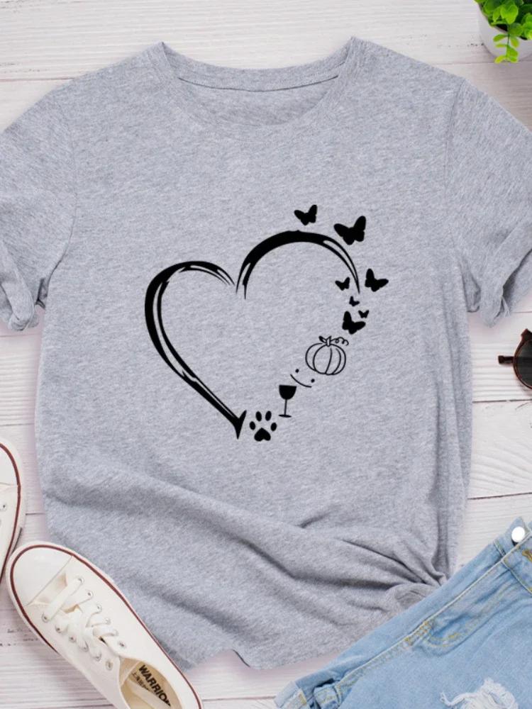 Butterflies Heart Print Women T Shirt Short Sleeve O Neck Loose Women Tshirt Ladies Tee Shirt Tops Clothes Camisetas Mujer