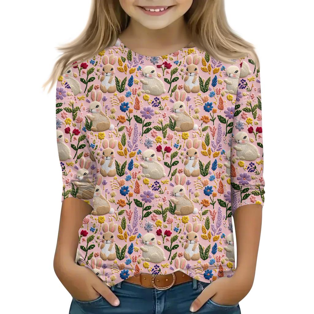 Print Tops For Youth Girls Round Neck 3/4 Sleeves T-Shirts Trendy Tops Outfit Tees