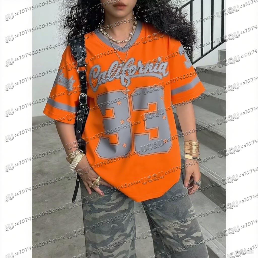 Women's Casual Personality Number Letter Printing Soccer T-Shirt Fashion V-Neck Loose Oversize Comfort Top Spring