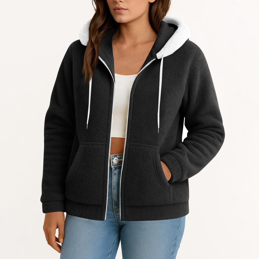 Women's  Fuzzy Fleece Jacket Hooded Color Block Patchwork Lady Cardigan Coat Outerwear With Pockets And Cat Ears