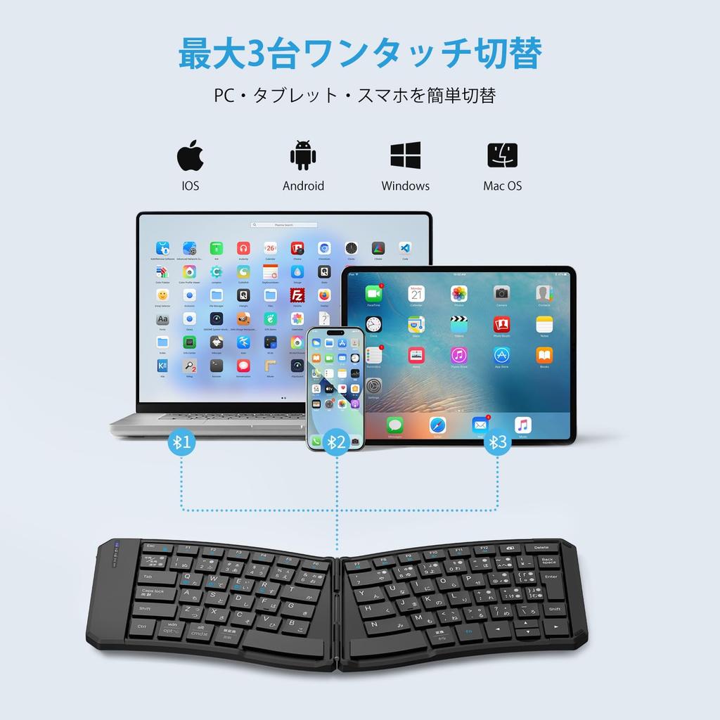 iClever FoldMate Ergo Bluetooth Japanese Compatible with for and Black Keyboard, Foldable, Wireless, Ergonomic, Layout, Multi-Pairing, Slim,