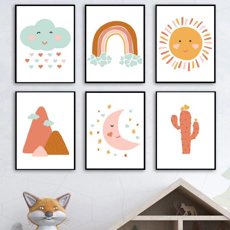 Nordic Rainbow Clouds Moon Cactus Prints And Posters Wall Art Canvas Paiting Wall Pictures For Living Room Home Décor No Frame