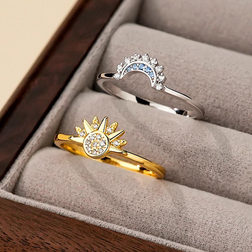 925 Silber Sonne und Mond Partnerring Set Himmelblau Funkelnde Zirkonia Ringe Versprechen Feiner Schmuck Geschenke für den Valentinstag