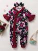 Romper Jumpsuit Baby Rose Print Floral Headband Ruffle Set 7693 Black 74 [Misia Luxury] 2-Piece (6-9 Months)