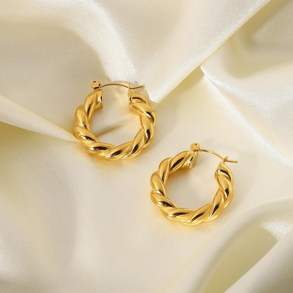 Classic Jewelry Hypoallergenic Waterproof Circle Thick Twist Hoop Earrings Gold Plated Stainless Steel 18K Brass Opp Bag Women's