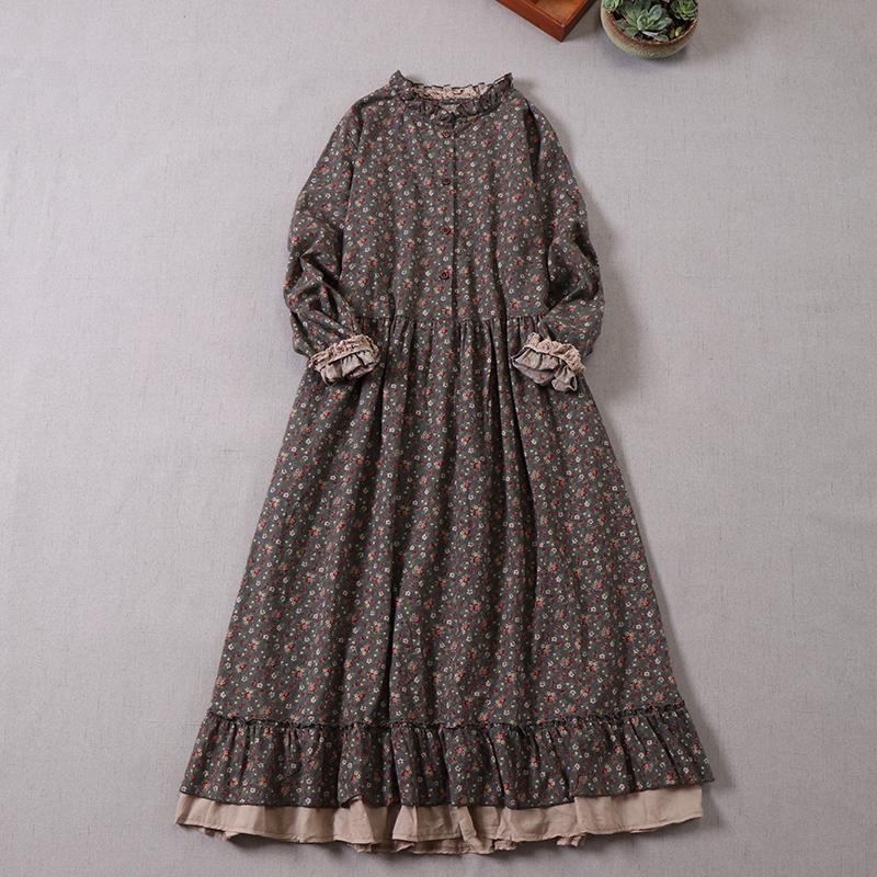 Mori Girl Toamna Primăvară Femei Rochie lungă lejeră Guler cu volane Rochie Cottagecore Florală Volane din bumbac Vintage Rochie șic elegantă