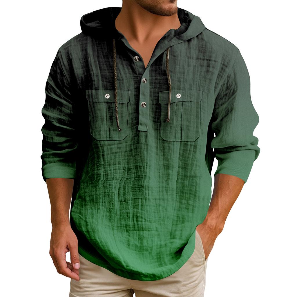 Men's Hooded T-shirt Gradient Color Cotton And Linen Men's Casual Long-sleeved Top